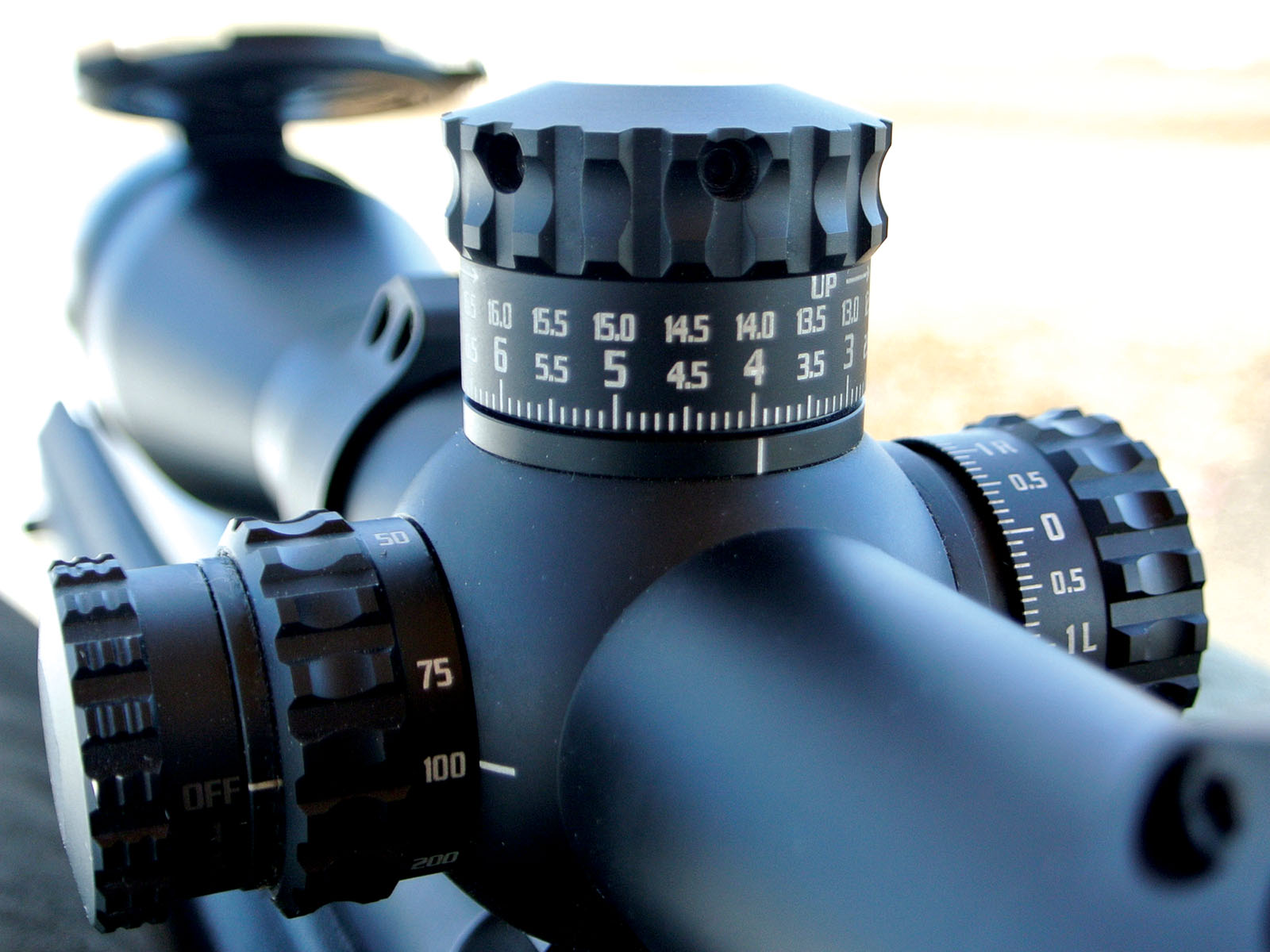 The scope provided 90 MOA of vertical adjustment built into its 34mm tube. Precise and audible click adjustments are calibrated to .1 Mrad with a zero stop to quickly return the scope to its original zero.