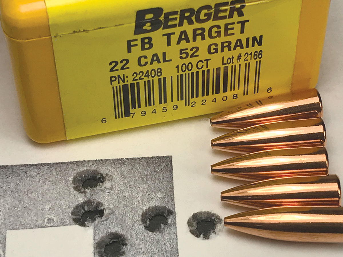 The Custom Model 54 22-250 Remington produced this group at 100 yards with Berger 52-grain bullets.