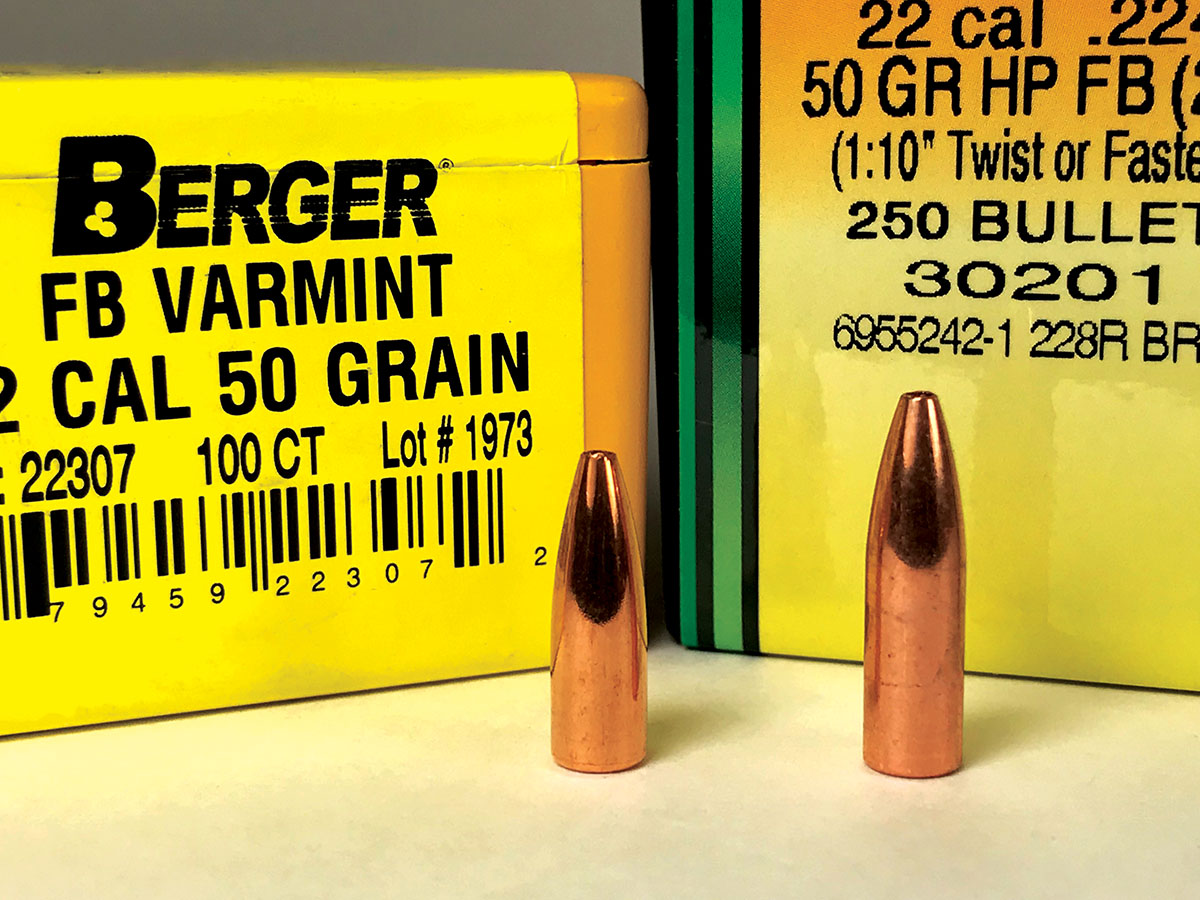 Varmint Grenade .22-caliber, 50-grain bullets (right) are longer than most lead-core bullets of similar weight. A Berger 50-grain FB Varmint bullet is shown at left for comparison.