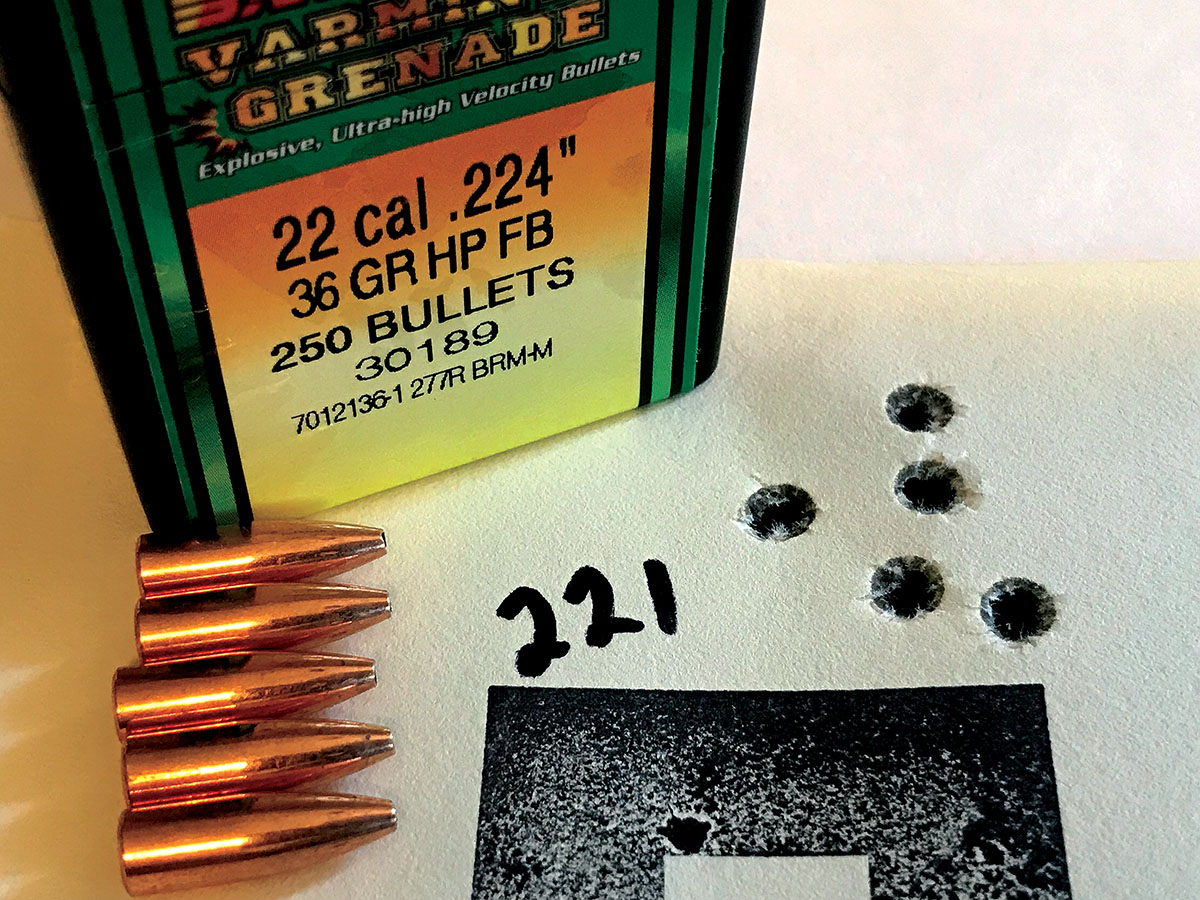 A Remington Model 700 221 Fireball was used to shoot this group with 36-grain Varmint Grenade bullets.