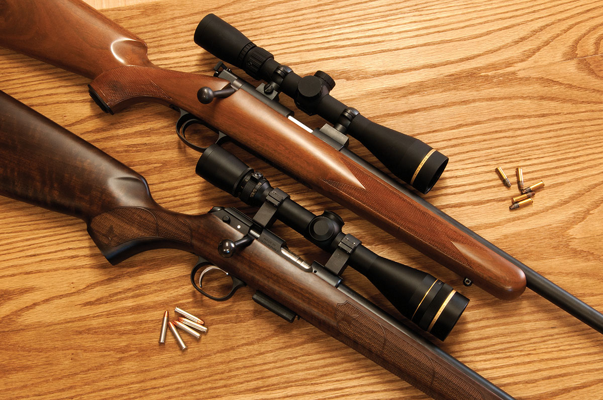 The dark, Turkish-walnut stocked CZ 457 American .22 Winchester Magnum has a lean profile that is nearly as trim as the long-discontinued Kimber 22 .22 Long Rifle. Both are representative of the classic style.
