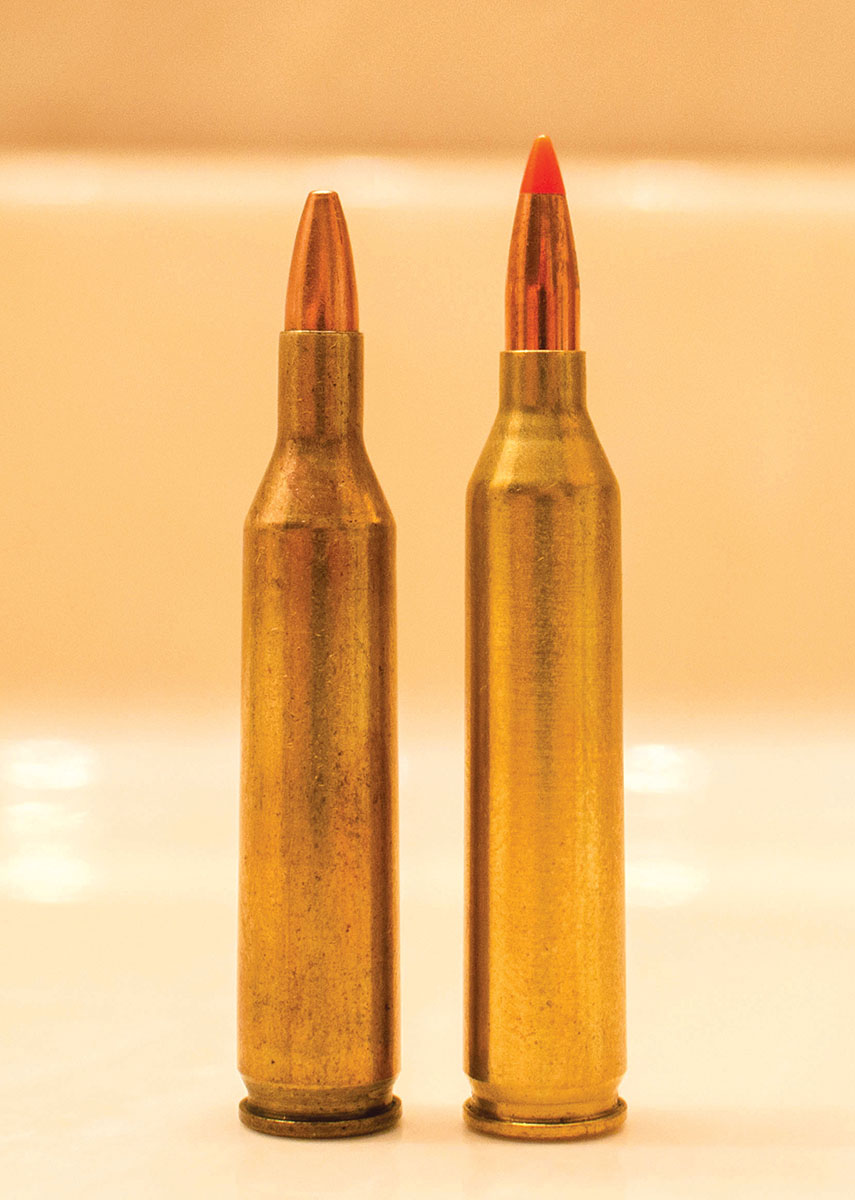 In spite of the greater length of the 17 Remington at left, the 17-223 at right has a greater case capacity.