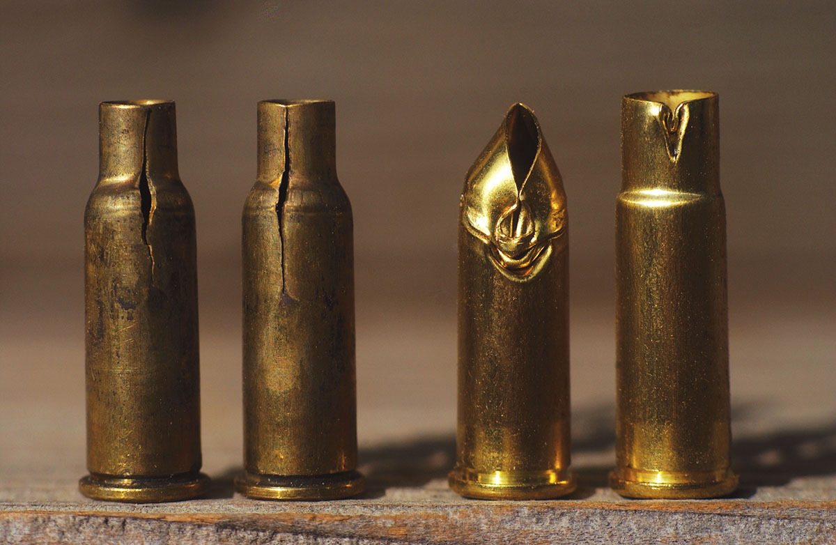 Do not form once-fired .357 Magnum case without annealing. They split on first firing. Don’t rush the case-forming process when sizing down new .357 brass. If the case mouth just catches on the edge of the die, it will crumple or crease.