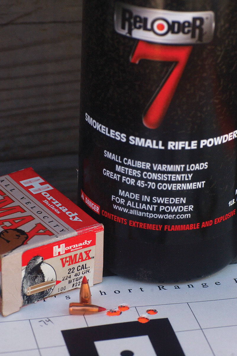 Reloder 7 nearly fills the .22 Super Jet case to capacity thanks to its large grain size. It produced this nice group with 18.3 grains and the Hornady 40-grain V-MAX at a modest 3,217 fps.