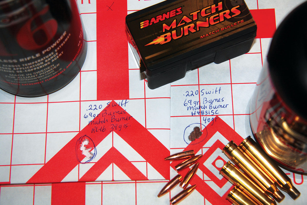 The custom 220 Swift used to develop heavy-bullet loads especially liked Barnes’ 69-grain Match Burner bullets.