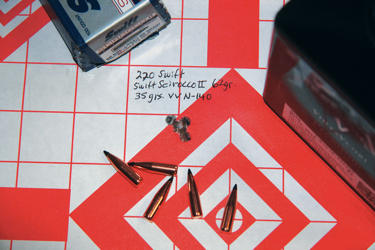Swift Bullet Company’s 62-grain Scirocco II got off to a bad start with IMR-4350 and A-2700 powders, but provided a .38-inch group loaded over Vihtavuori N-140.