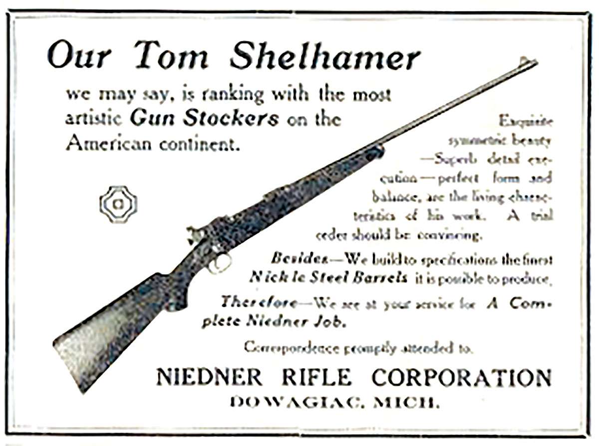 This Niedner Rifle Company ad in a 1920s American Rifleman features the company’s custom rifles with emphasis on the stock work of Tom Shelhamer.