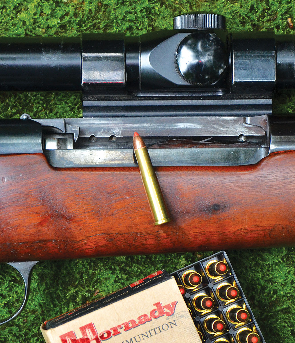 Despite the Krag action being much too long for the .22 Hornet cartridge, loading and case ejection work extremely well.