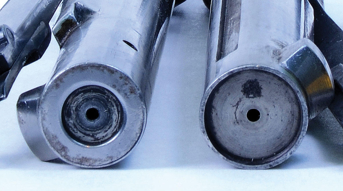 Niedner did such a precise job of reducing the diameter of the .30-40 Krag bolt face counterbore at right for the rim of the .22 Hornet Improved at left, it is impossible to determine how he accomplished it.