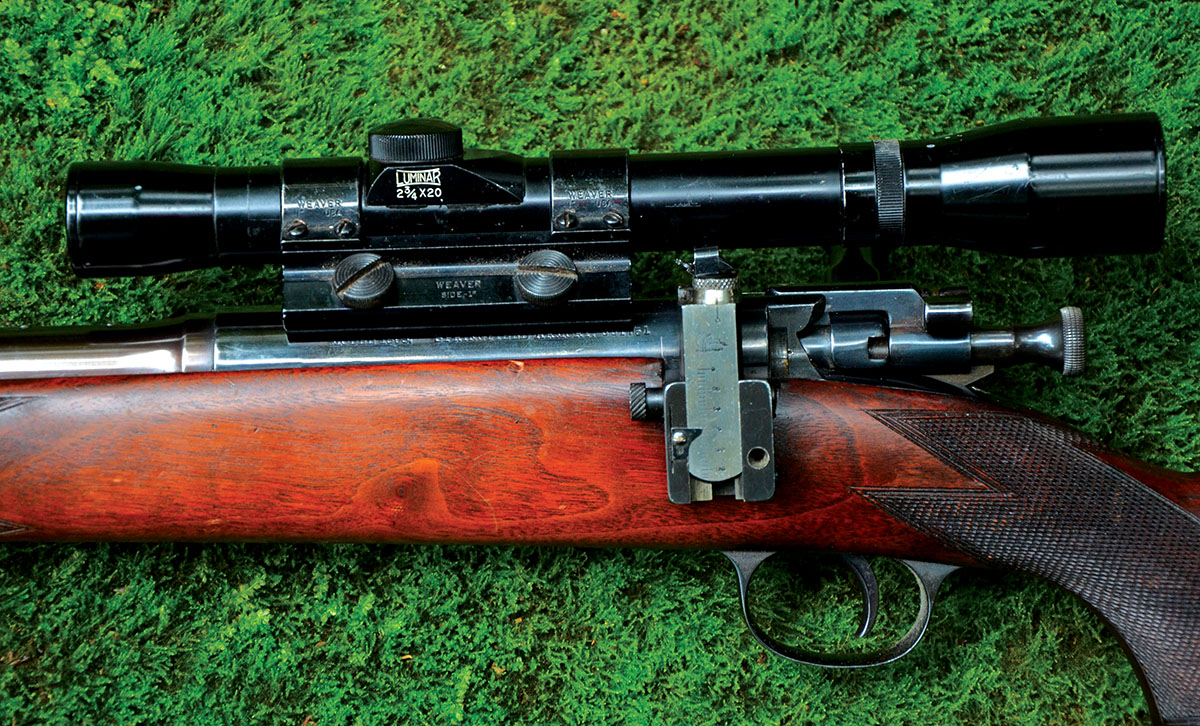 Layne’s rifle departed the Niedner shop with a Lyman 48 aperture sight attached to the left side of its receiver. Sometime later, one of the rifle’s previous owners had the side of the receiver drilled and tapped for a Weaver quick-detachable scope mount. As seen here, the Lyman sight has to be removed when the scope is attached.