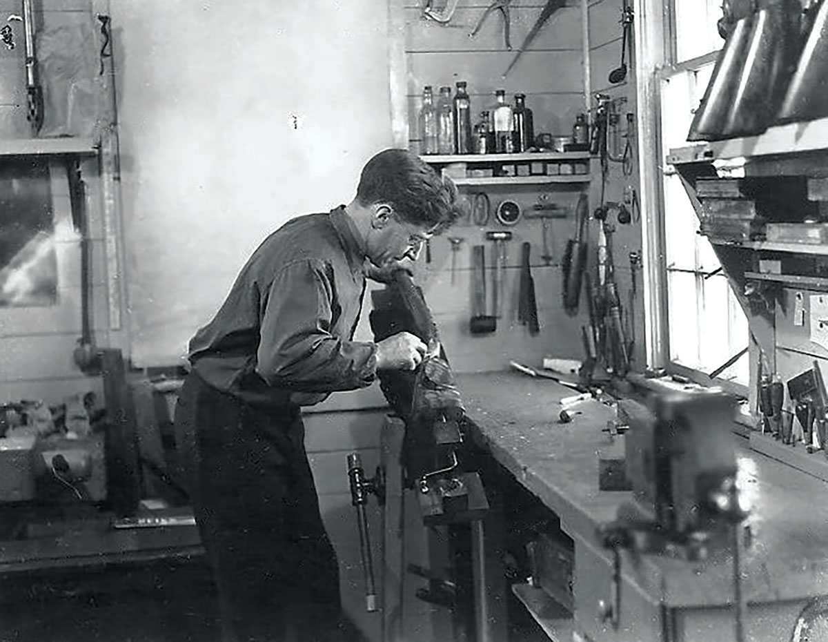 This photo of Tom Shelhamer working on a custom rifle stock was taken while he was employed by A.O. Niedner. He eventually opened his own shop and did work for individual customers. He also made a number of stocks for Griffin & Howe.
