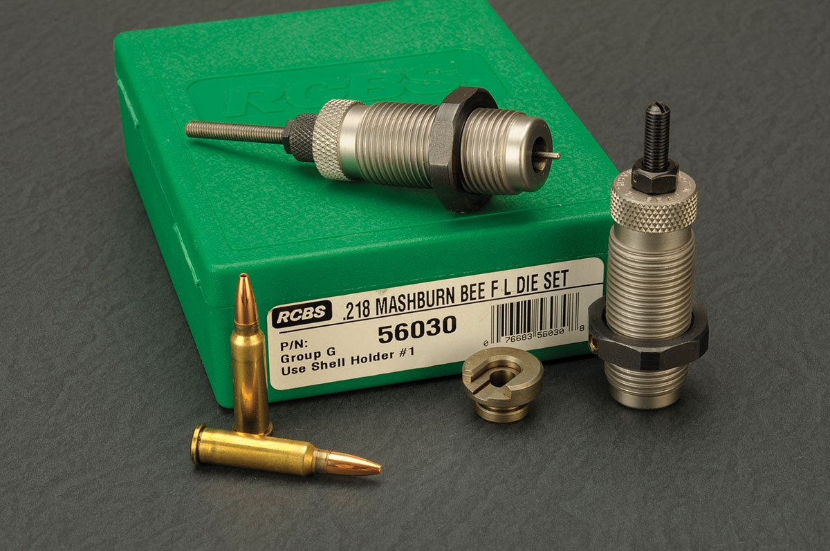 Since the 218 Mashburn Bee is fire-formed in the chamber, all that’s needed to start loading is a set of dies with only the sizing and seating die. While most die makers have this die set in stock, Stan used the RCBS set shown here.