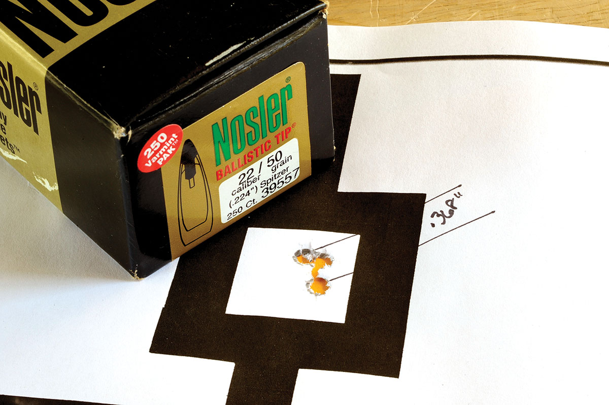 Nosler 50-grain Ballistic Tips provided this .368-inch group at 100 yards.