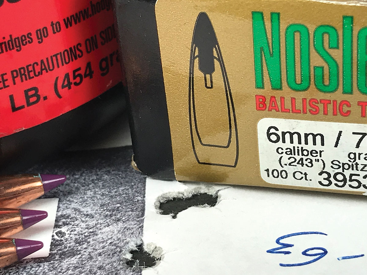 Handloaded Nosler 70-grain Ballistic Tips and IMR-4451 powder combined for this group at 100 yards.