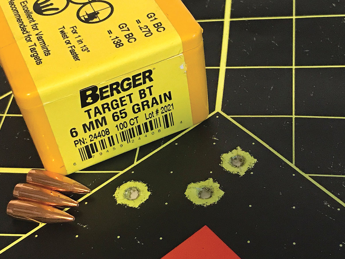 Handloaded Berger 65-grain bullets and Vihtavuori N150 powder provided this group at 300 yards when shot from a bench.