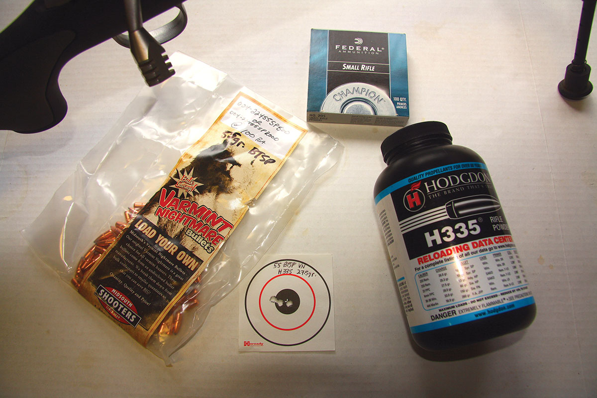 Hodgdon H-335 works well in the 223 Remington. This 100-yard group was shot using Midsouth Shooters Supply 55-grain BTSP Varmint Nightmare X-Treme bullets.