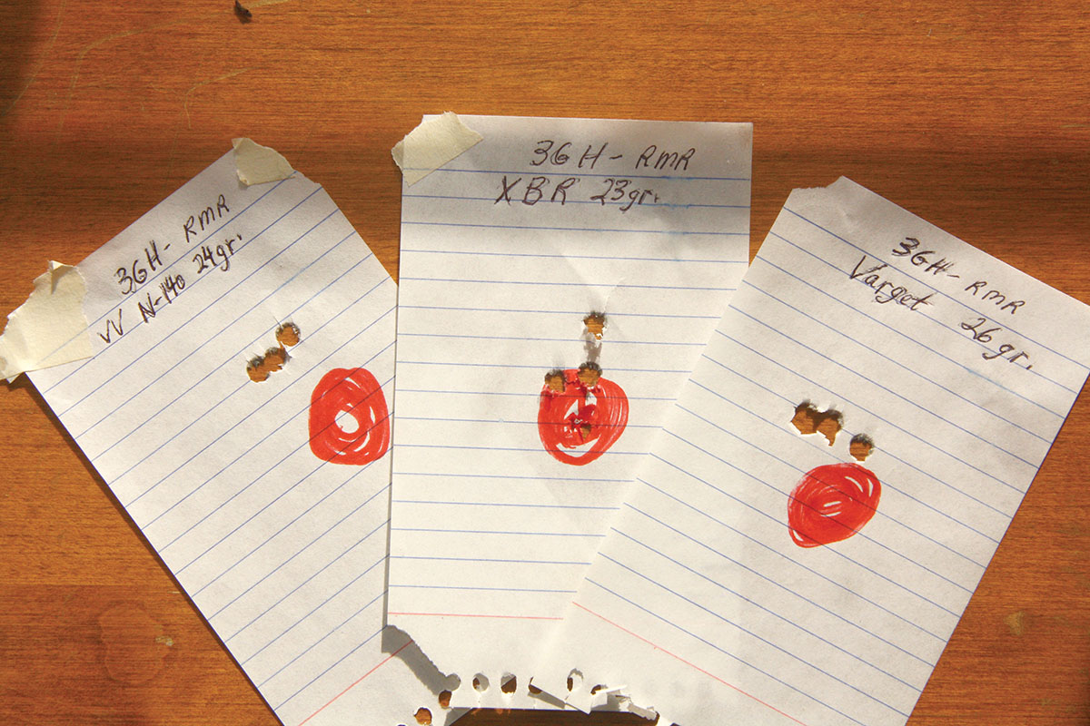 Rocky Mountain Reloading’s 3-Gun Hunter (3GH) 69-grain BTHP shot well with a variety of powders, and the tightest groups resulted from using Vihtavuori N140, 8208 XBR and Varget.