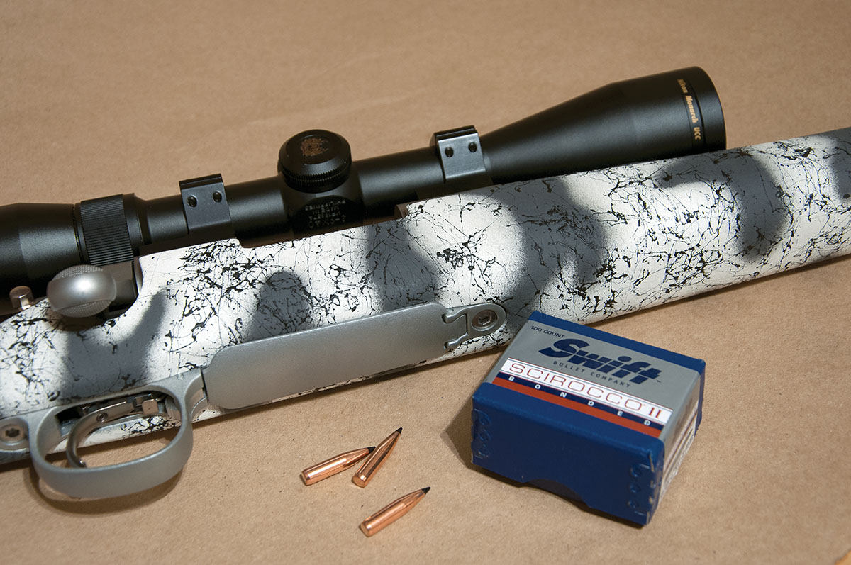 Though built as a coyote rifle, this 22-250 Remington with a 1:8 twist shoots 75-grain Swift Scirocco II deer bullets very well.