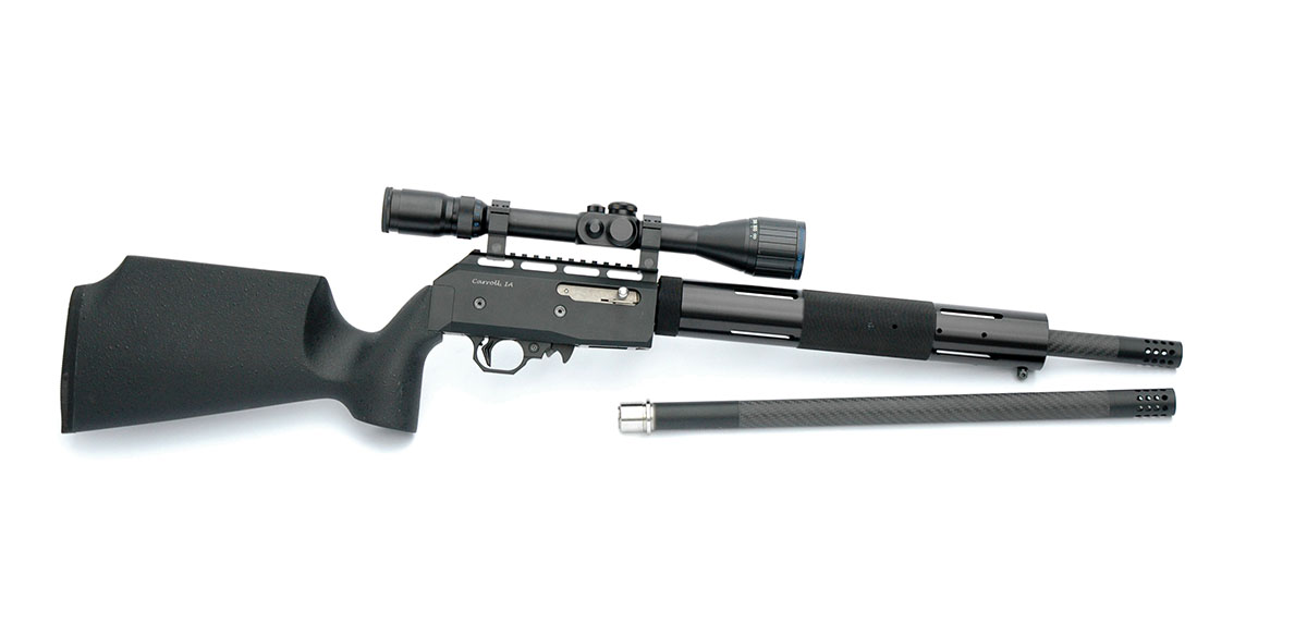 The 17 HMR and 22 WMR barrels of the Volquartsen Fusion rifle are quickly and easily switched by screwing out its barrel shroud. The rifle makes it easy to compare the two cartridges on a varmint shoot without taking along two different rifles.