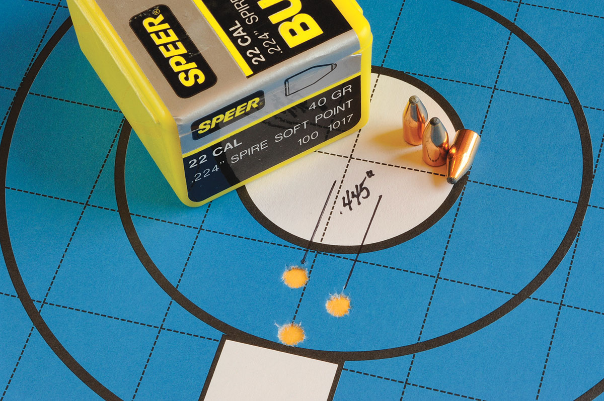 A tight group that measured .445 inch was shot with Speer 40-grain softpoints loaded over 28.0 grains of Power Pro Varmint with a velocity of 3,596 fps.