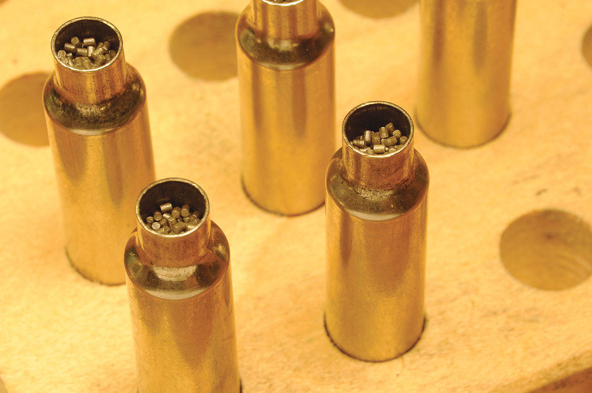 With many of the powders used in the test, the extra capacity of the AI case led to a heavier powder charge, in some instances filling the case right up to the base of the bullet.