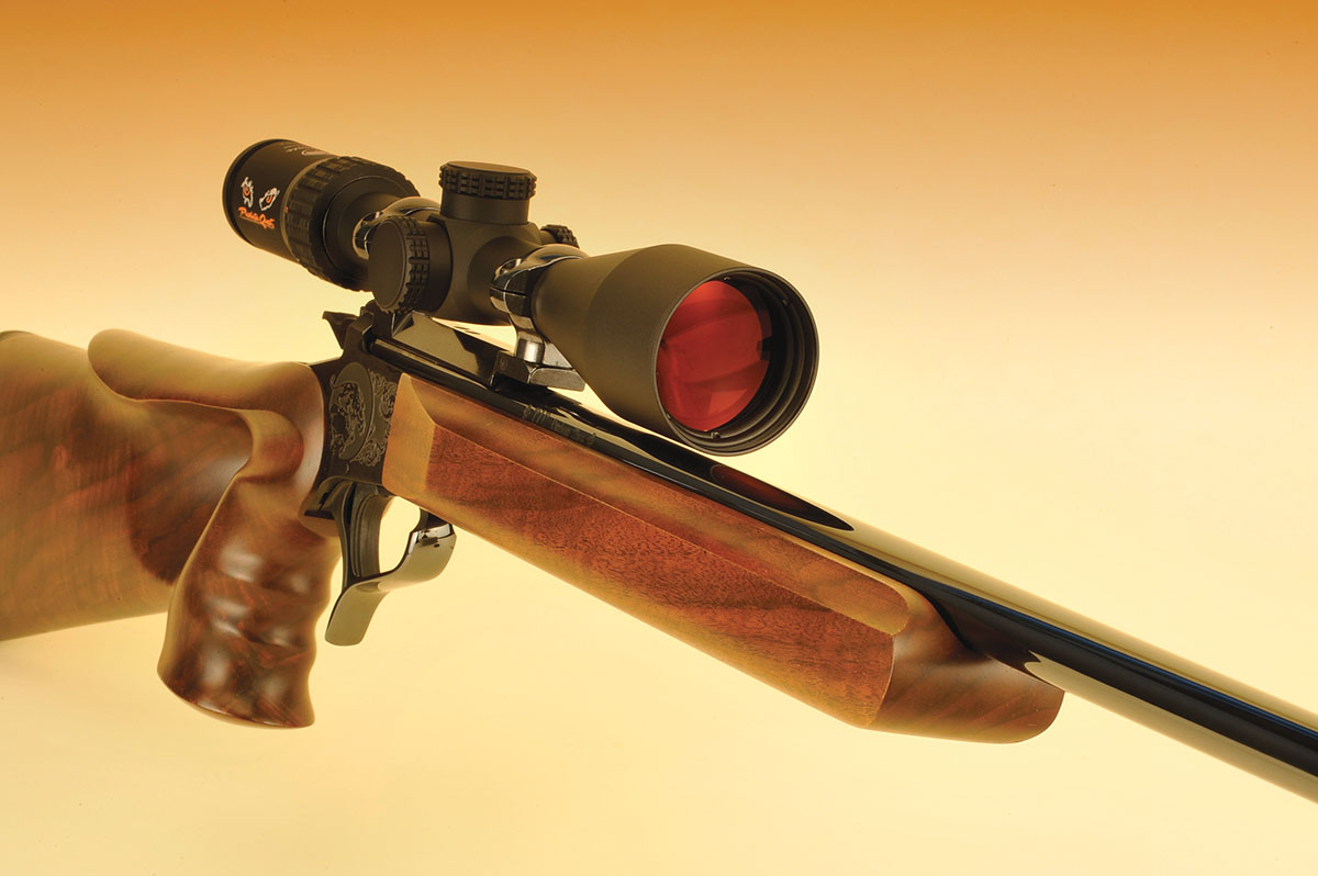 For varmint shooting, the T/C stock featured a wide and flat forearm. The Burris scope was mounted in Redfield rings with a one-piece base.
