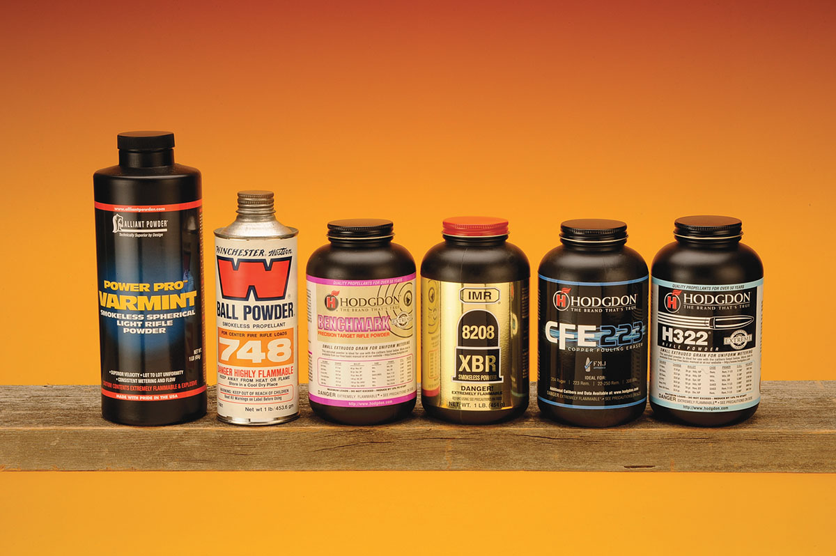 Powders for the .223 AI fall into the fast- to medium-burning variety. For testing and load development, Stan used Power Pro Varmint, Winchester 748, Benchmark, IMR-8208 XBR, CFE 223 and H-322.