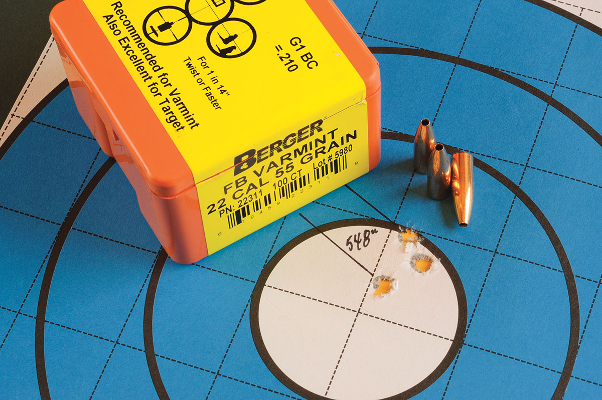 This .548-inch group was shot with Berger 55-grain Varmint FB bullets over 27.5 grains of IMR-8208 XBR powder for 3,415 fps.