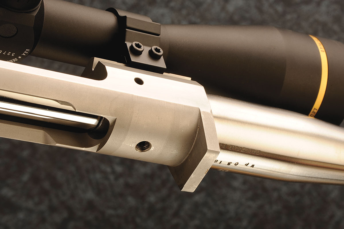 With the barreled action separated from the stock, the massive, ¼-inch recoil lug and the fine finish on all metalwork can be seen.