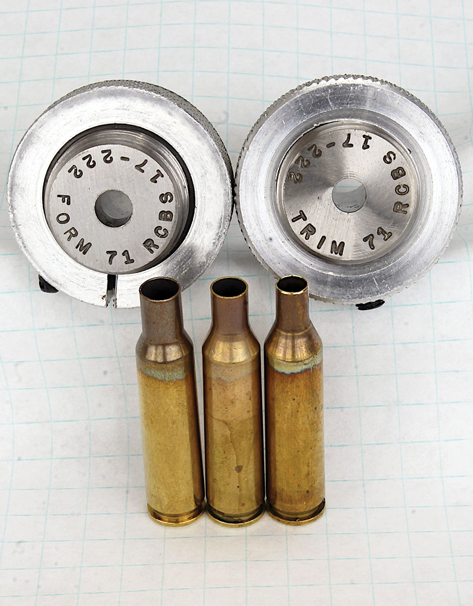 Form and trim dies take .222 Remington brass down to .17 caliber in two steps.