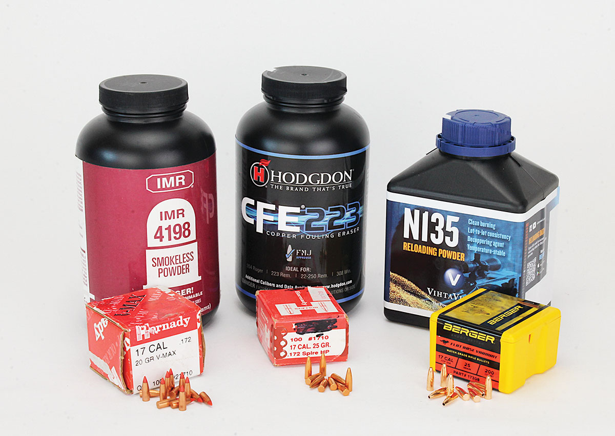 These are the bullet/powder pairings tested here. Neither old-school or new powders reached the 4,644 fps velocity claimed in old reloading manuals.