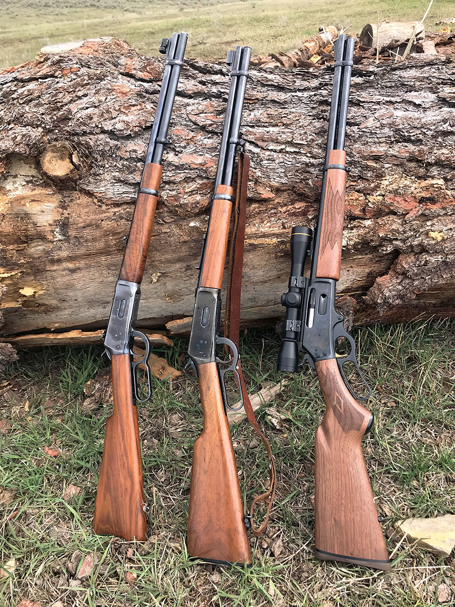These three lever-action rifles are fun guns when shooting small game. They include from left, a Winchester Model 94 .30-30, a Winchester Model 94 .44 Magnum and a Marlin 336C .35 Remington.