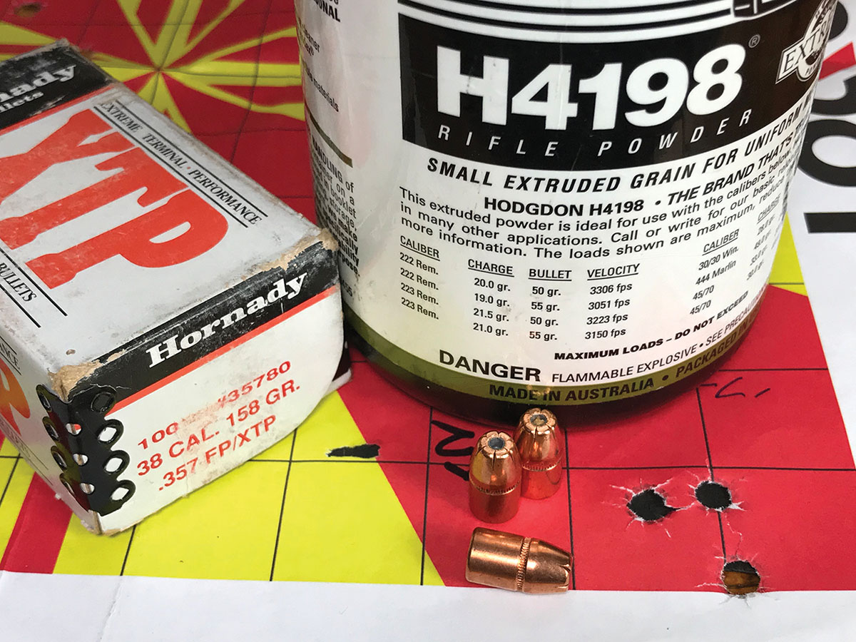 A Marlin 336C chambered in 35 Remington provided this group at 100 yards with handloaded Hornady 158-grain FP/XTP bullets and H-4198 powder.