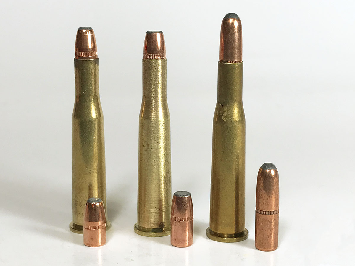 The .25-35 Winchester is a fairly versatile cartridge when loaded with (from left) Hornady 60-grain, Speer 75-grain and Hornady 117-grain bullets.