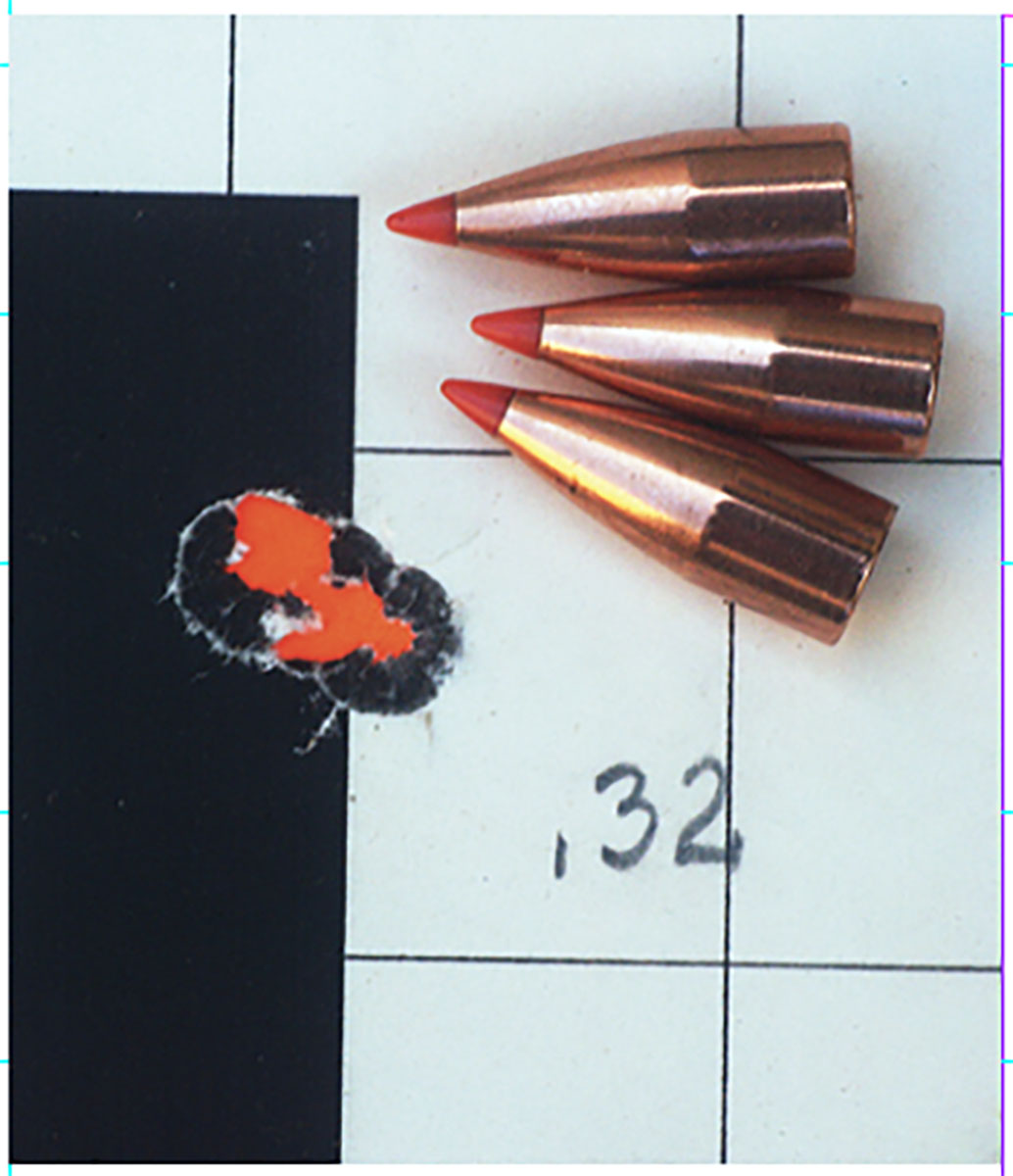The smallest group with the 30-06 Model 700 was this .32-inch, three-shot cluster at 100 yards. The load featured Hornady 110-grain HP varmint bullets pushed with a very mild load of 51.5 grains of A-2520 at 2,929 fps. Is the group a fluke?