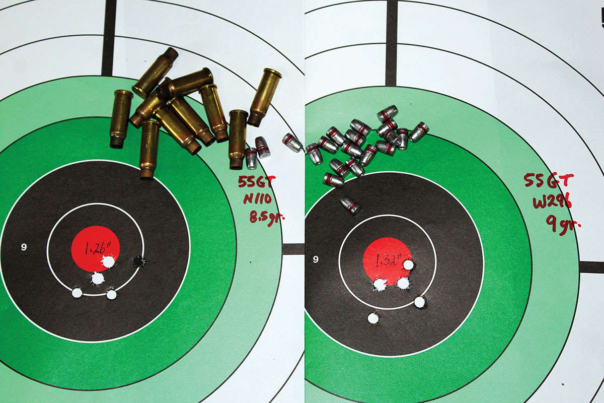 GT Bullet’s cast 55-grain hollowpoint shot best from the .256 Winchester Magnum when loads were backed off to below 2,000 fps.