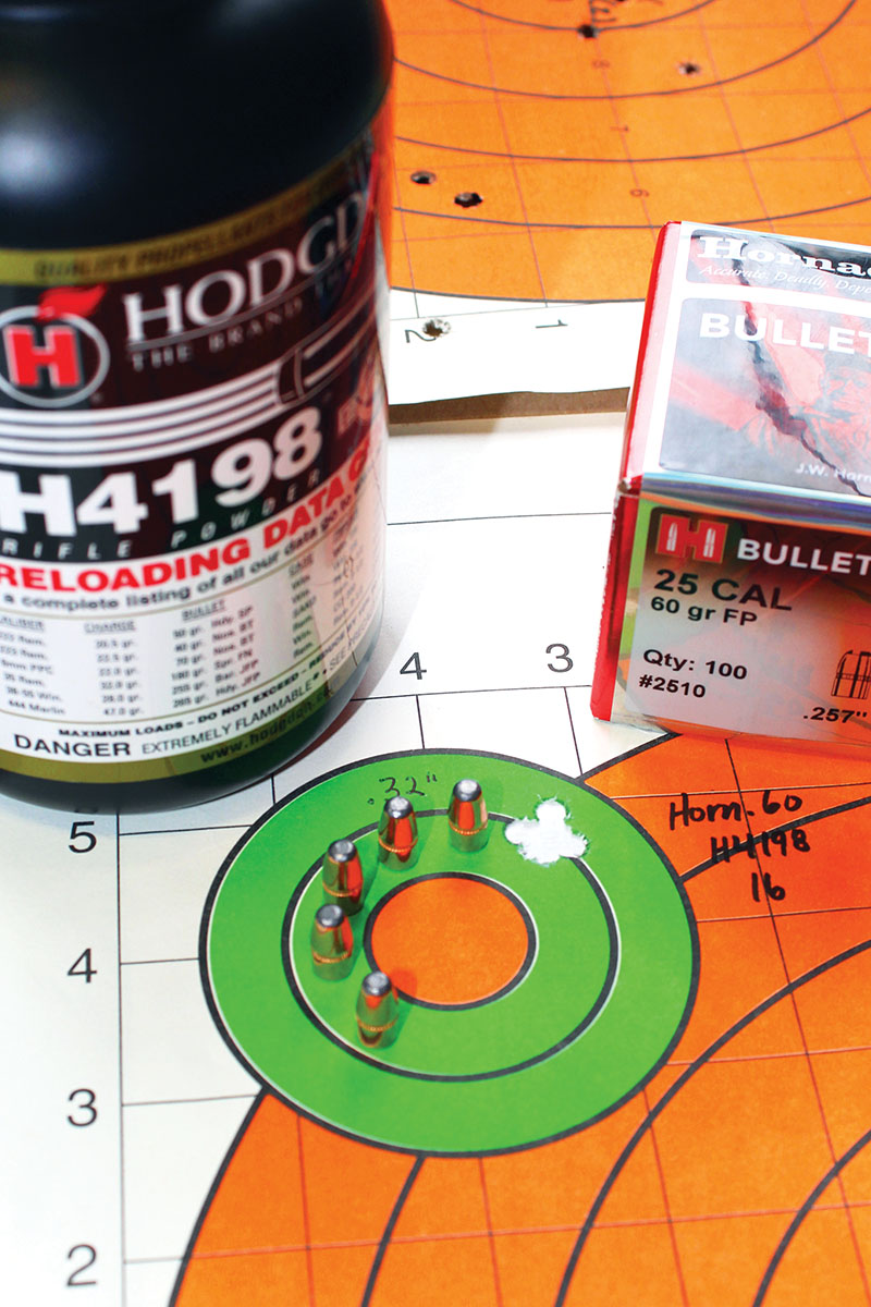 One of the best groups coaxed out of the .256 Winchester Magnum test rifle included Hornady’s 60-grain FP over 16 grains of Hodgdon H-4198.One of the best groups coaxed out of the .256 Winchester Magnum test rifle included Hornady’s 60-grain FP over 16 grains of Hodgdon H-4198.One of the best groups coaxed out of the .256 Winchester Magnum test rifle included Hornady’s 60-grain FP over 16 grains of Hodgdon H-4198.
