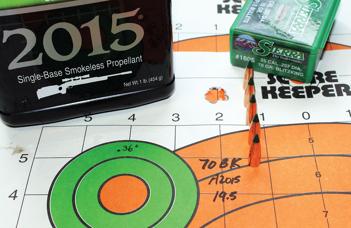 Sierra’s 70-grain BlitzKing seated over 19.5 grains of Accurate 2015 powder produced a .36-inch, 100-yard/5-shot group at 2,382 fps.