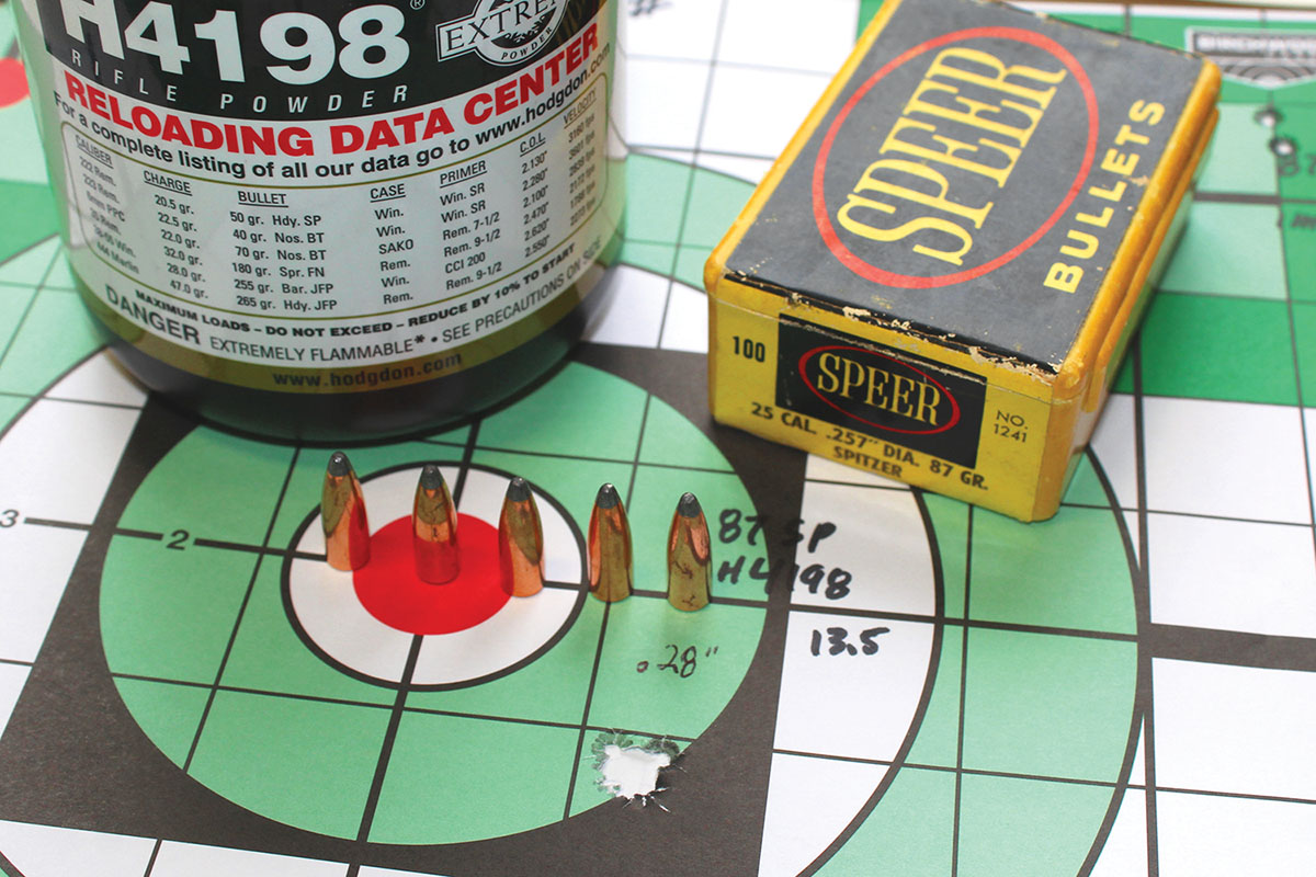 The best group assembled with the .256 Winchester Magnum test rifle included 13.5 grains of Hodgdon H-4198 over a Speer 87-grain SP. The five-shot, 100-yard group measured .28 inch at 1,836 fps.