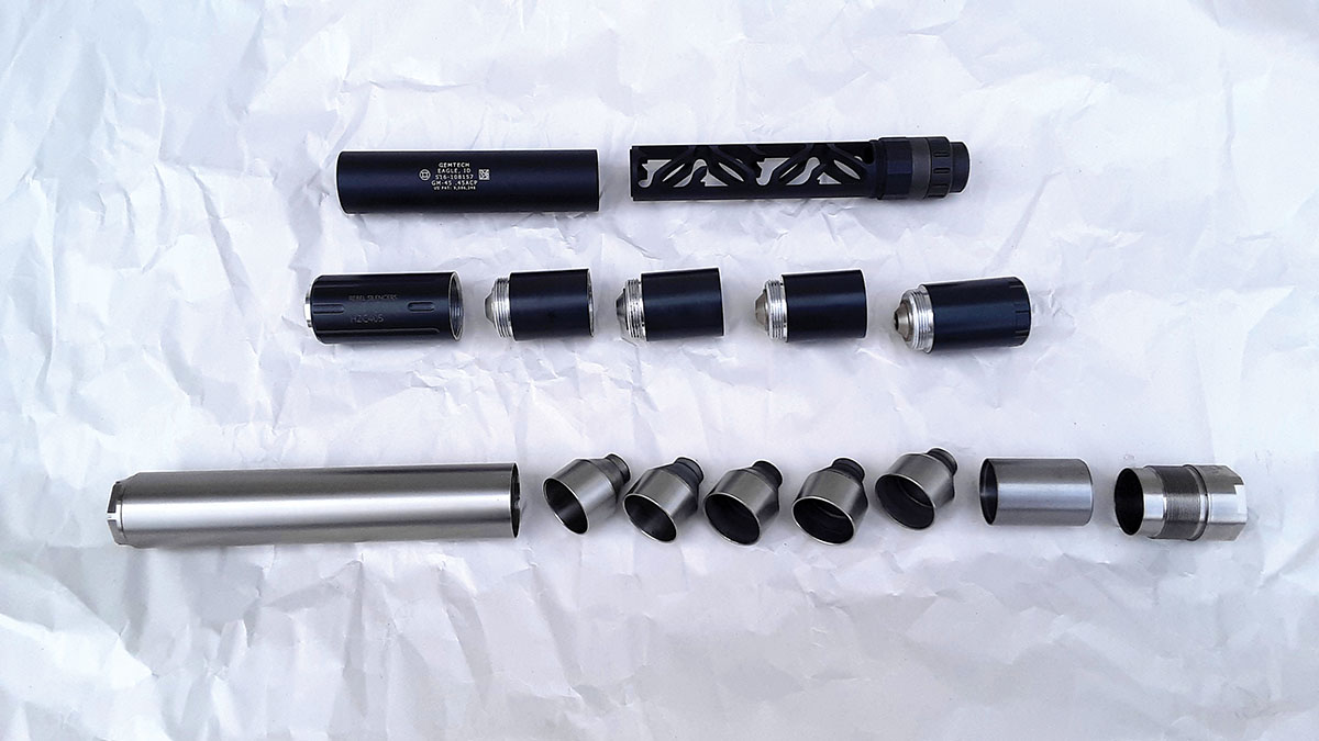 Suppressors operate through a series of various cooling designs. Three of the most popular include (top to bottom) mono-cores (Gemetech), segmented chambers (Rebel Silencers) or stacked “funnels” (Huntertown Arms).