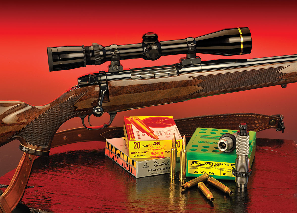 This Weatherby Deluxe is chambered for the 240 Weatherby Magnum, and is fitted with a Leupold 2.5-10x scope mounted in the same company’s rings with Redfield two-piece bases.