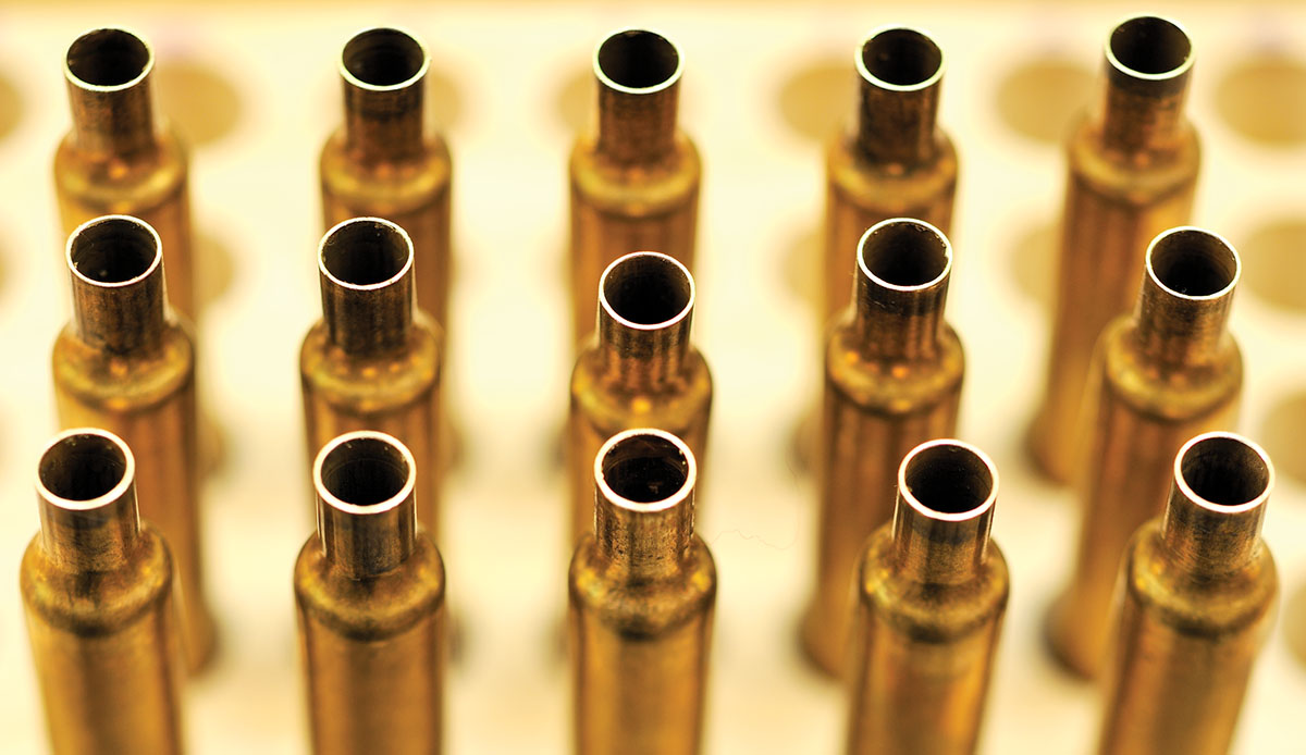 When making up batches of ammunition for testing or shooting, do one step at a time. These cases have been neck sized, trimmed, chamfered and are now ready for priming and charging.