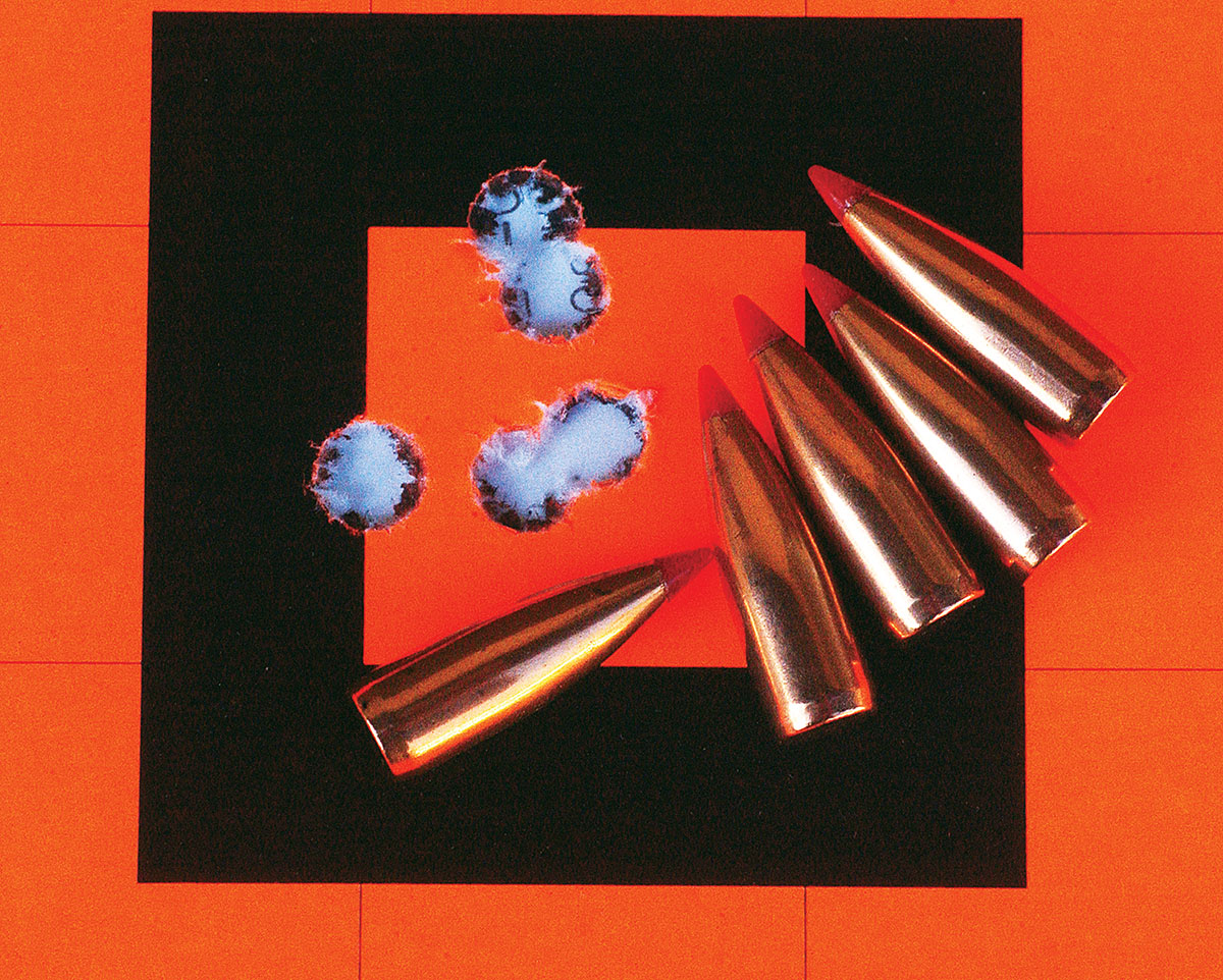 The 250 AI in a rebarreled Model 700 Remington with a Shilen barrel produced this group at 100 yards with the load shown in the loading chart featuring a Hornady 75-grain V-MAX bullet and H-380 powder.