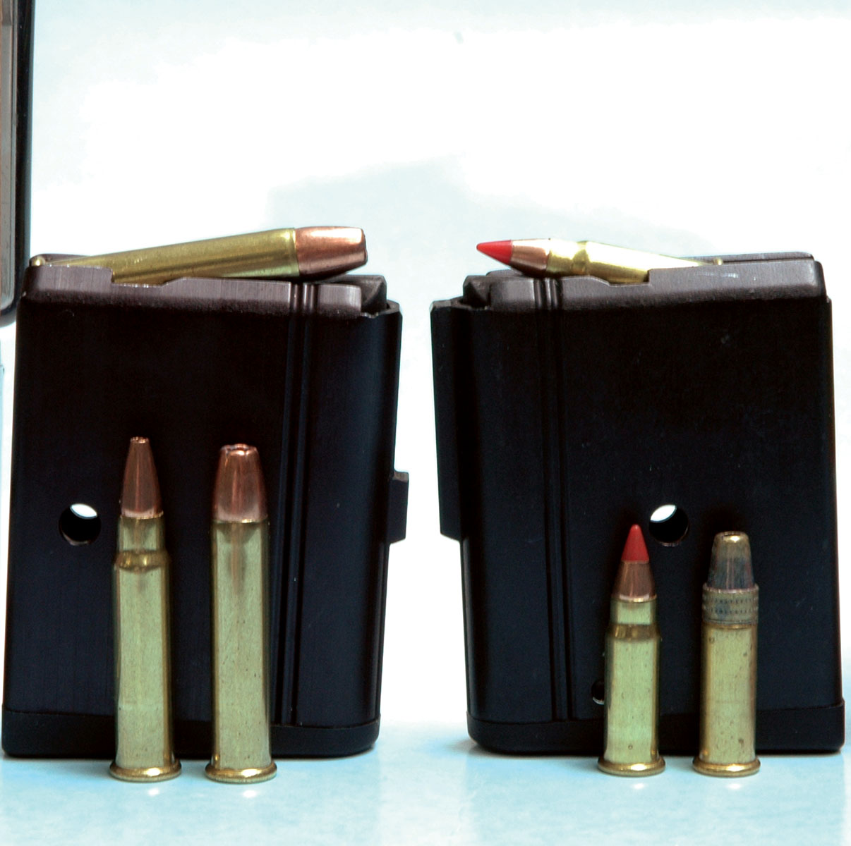 The magazine at left is for the 17 HMR and 22 WMR cartridges, and the one on the right is for the 17 Mach 2 and 22 Long Rifle. They are color coded the same as the barrels.