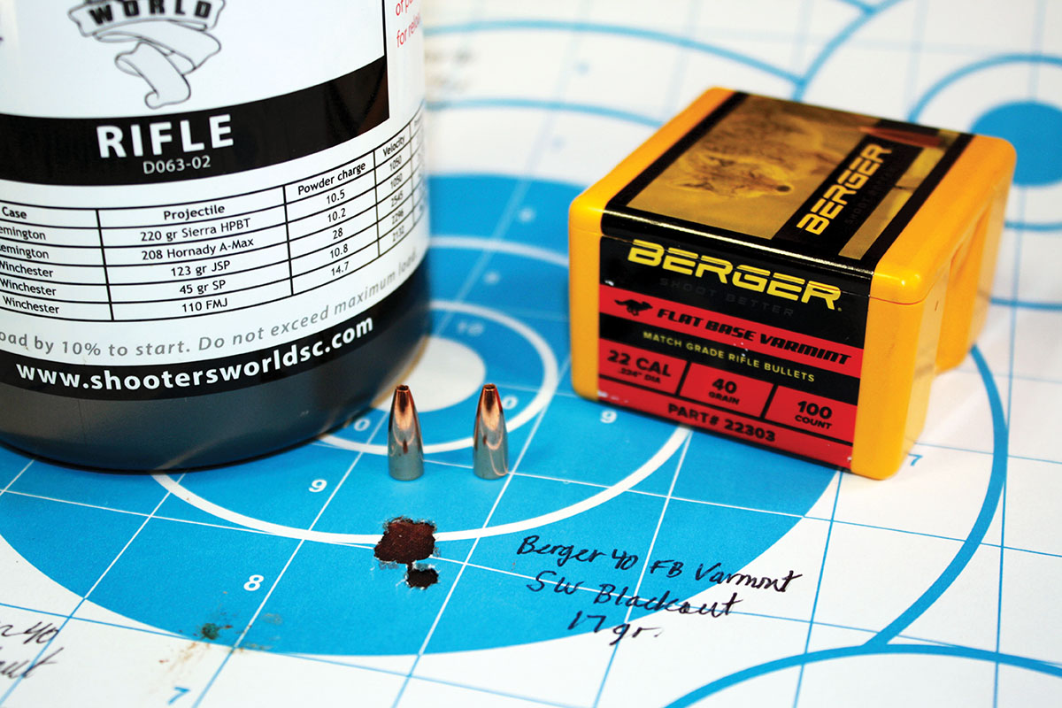 A combination of 17 grains of Shooters World BLACKOUT beneath a 40-grain Berger Flat Base Varmint bullet produced this .41-inch, five-shot group from Patrick’s 221 Fireball rifle.