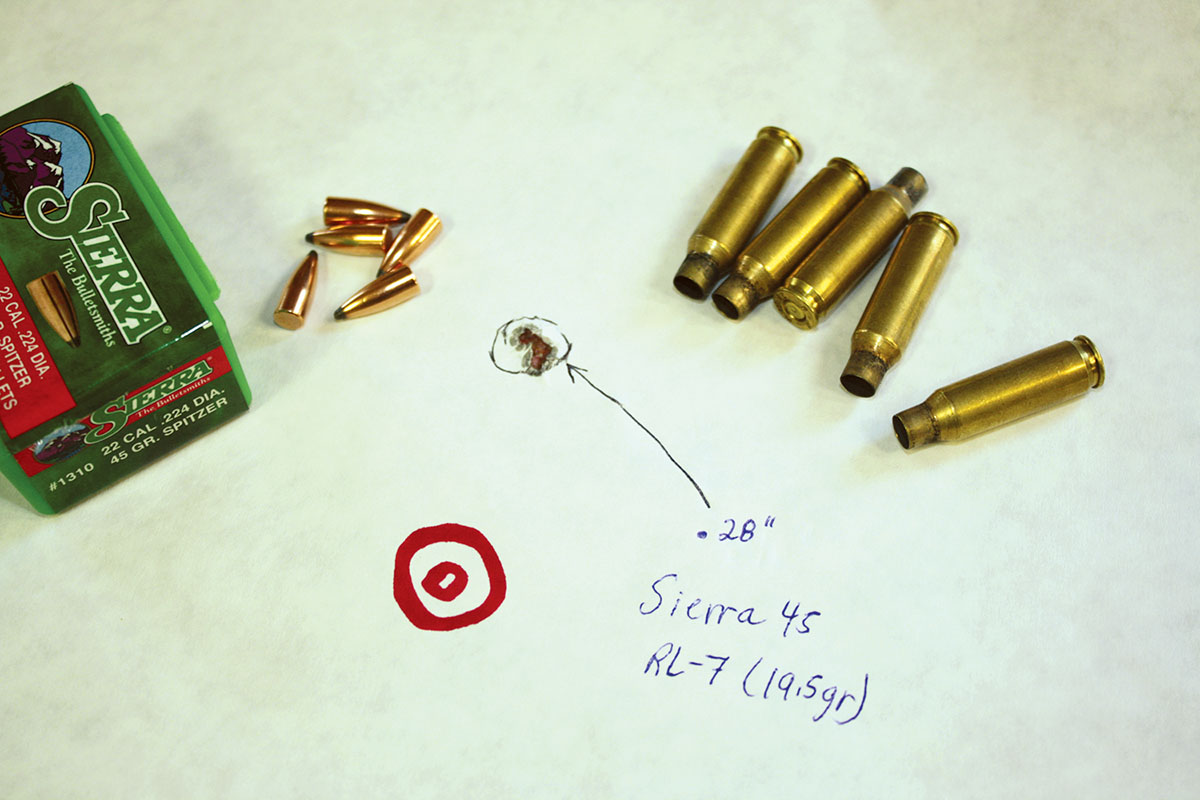 Sierra’s 45-grain Varminter SPT over 19.5 grains of Alliant Reloder 7 produced this .28-inch group while pushing 3,287 fps from the muzzle.