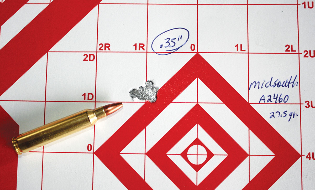 Midsouth Shooters’ affordable 34-grain Varmint Nightmare X-Treme bullets produced some of the tightest groups of the entire test, including this .35-inch group using 27.5 grains of Accurate A-2460.