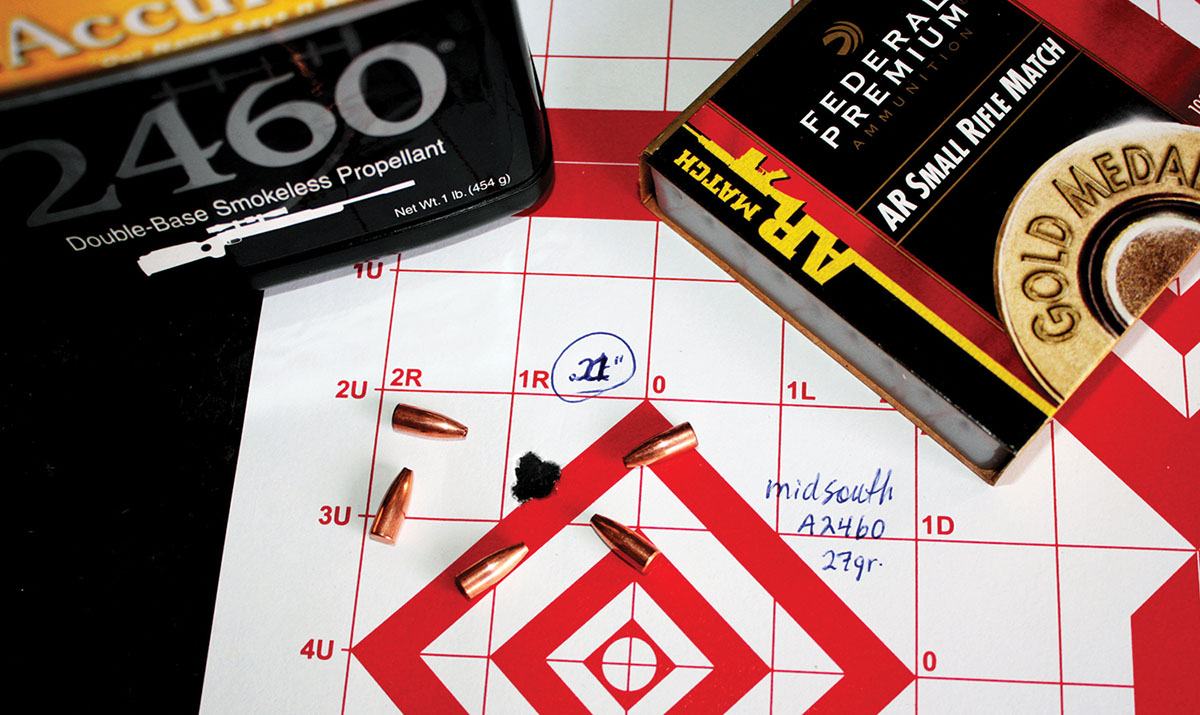 The tightest group of the entire .204 Ruger AR test measured .21 inch through a combination of Midsouth Shooters 34-grain Varmint Nightmare X-Treme bullet and 27 grains of Accurate A-2460.