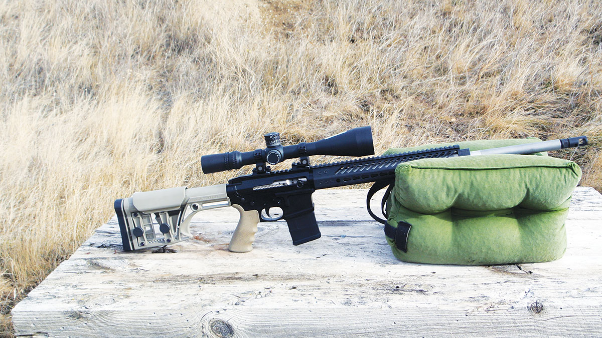 The Black Gold Firearms Model MT-15 set for a day at the range. The Dog-Gone-Good shooting bag shown supporting the rifle has become an indispensable tool for both range shooting and prairie dog hunting.