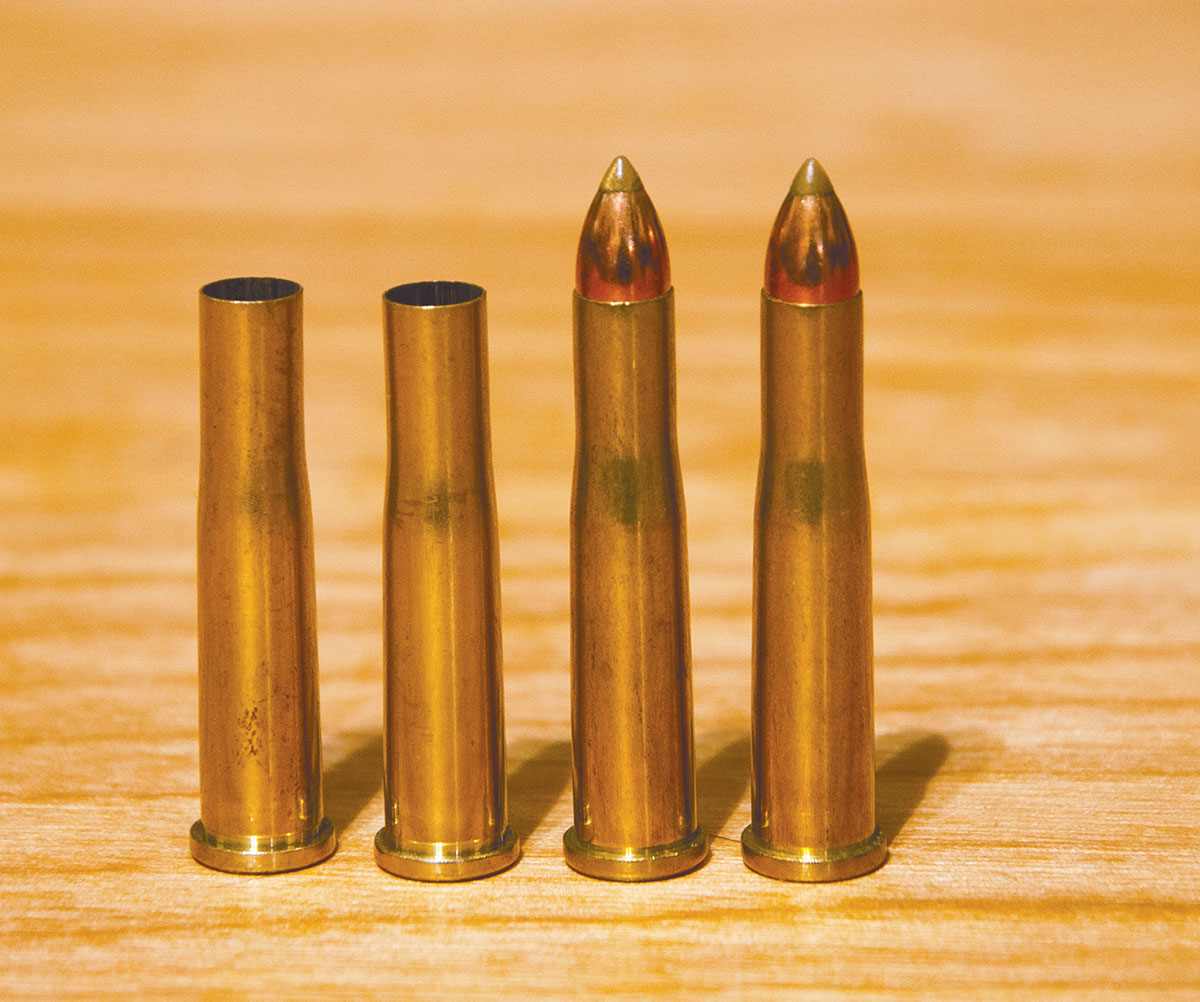 The 22 WCF cases reformed from Hornady 22 Hornet brass (left) look nearly identical to those of the loaded 22 Hornet cartridges, but there are notable differences.